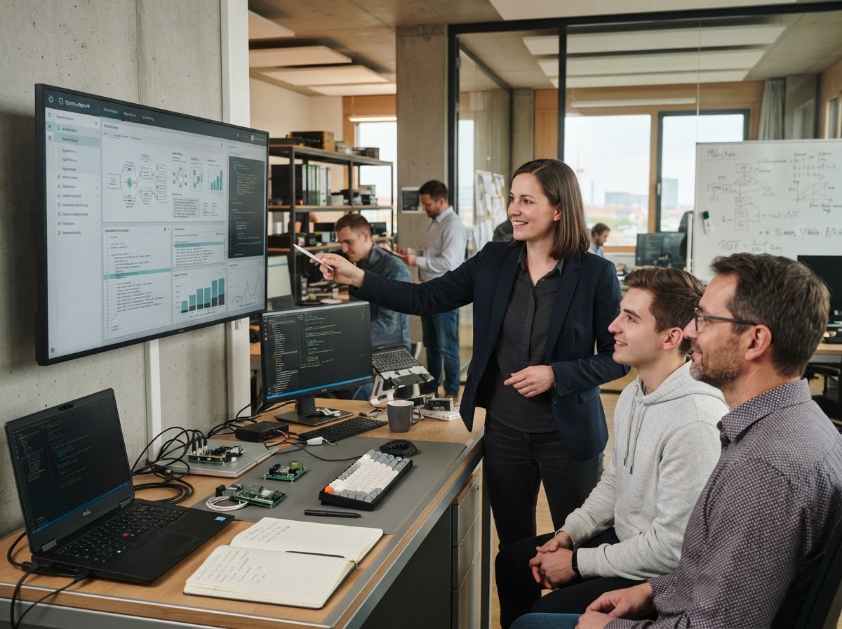 QuantumApexAi Team bei der Auswertung von Finanzdaten an einem strukturierten Analyse-Arbeitsplatz